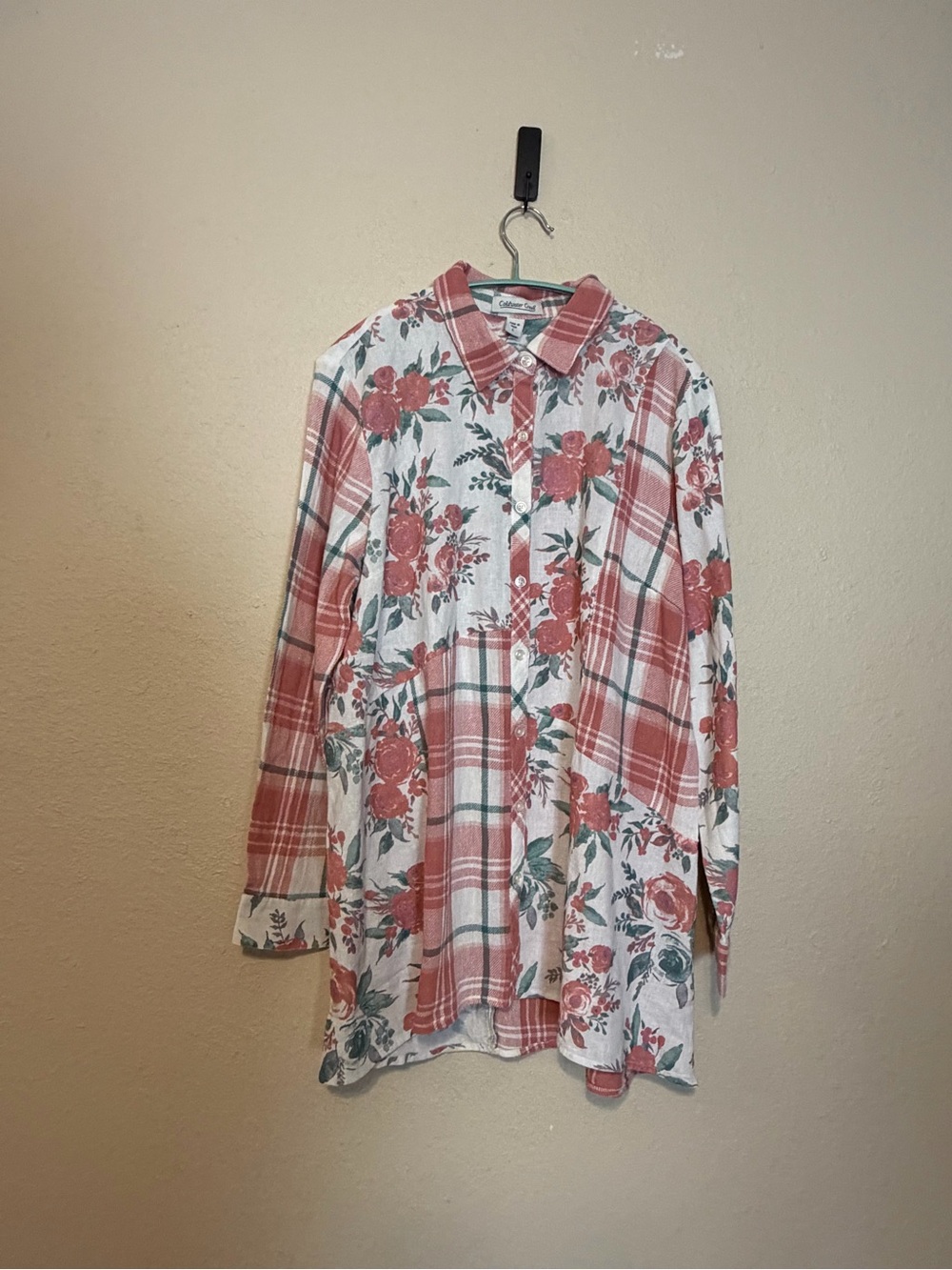 Coldwater Creek Linen Blend‎ Button Up Shirt Jacket Floral and Plaid Size Large